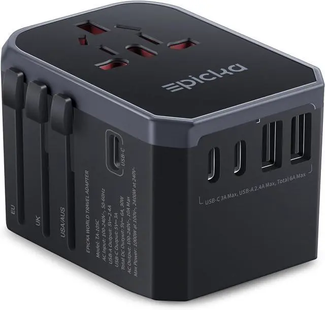 Main image of EPICKA Universal Travel Adapter, International Power Plug Adapter with 3 USB-C and 2 USB-A Ports, All-in-One Worldwide Wall Charger for USA EU UK AUS (TA-105C, Black)