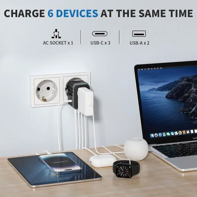 Alt view image 4 of 7 - EPICKA Universal Travel Adapter, International Power Plug Adapter with 3 USB-C and 2 USB-A Ports, All-in-One Worldwide Wall Charger for USA EU UK AUS (TA-105C, Black)