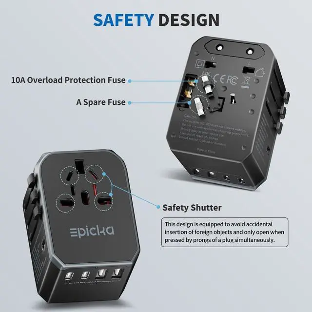 Alt view image 6 of 7 - EPICKA Universal Travel Adapter, International Power Plug Adapter with 3 USB-C and 2 USB-A Ports, All-in-One Worldwide Wall Charger for USA EU UK AUS (TA-105C, Black)