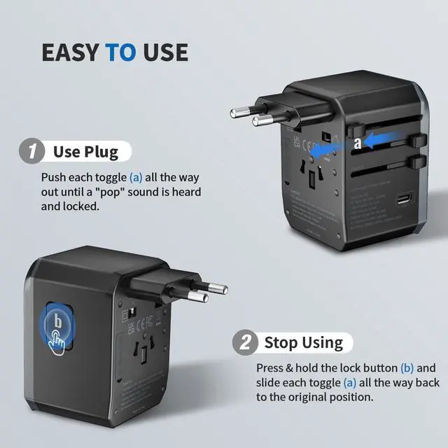 Alt view image 7 of 7 - EPICKA Universal Travel Adapter, International Power Plug Adapter with 3 USB-C and 2 USB-A Ports, All-in-One Worldwide Wall Charger for USA EU UK AUS (TA-105C, Black)