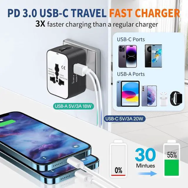 Alt view image 2 of 7 - International Universal All in One Worldwide Travel Adapter Fast Charger with PD 3.0 Type C & USB-A Quick Charging Wall Charger AC Power Plug Adapter for USA EU UK AUS European Cell Phone Laptop