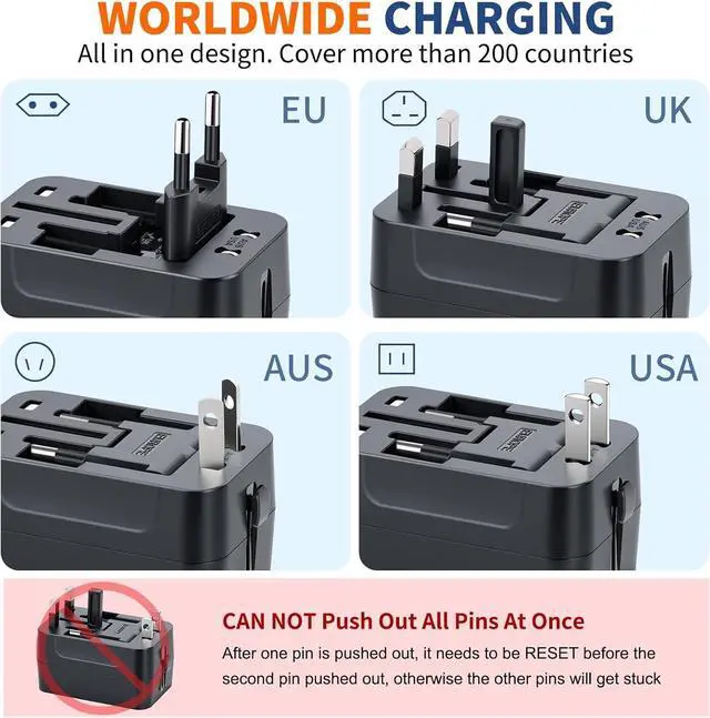 Alt view image 3 of 7 - International Universal All in One Worldwide Travel Adapter Fast Charger with PD 3.0 Type C & USB-A Quick Charging Wall Charger AC Power Plug Adapter for USA EU UK AUS European Cell Phone Laptop