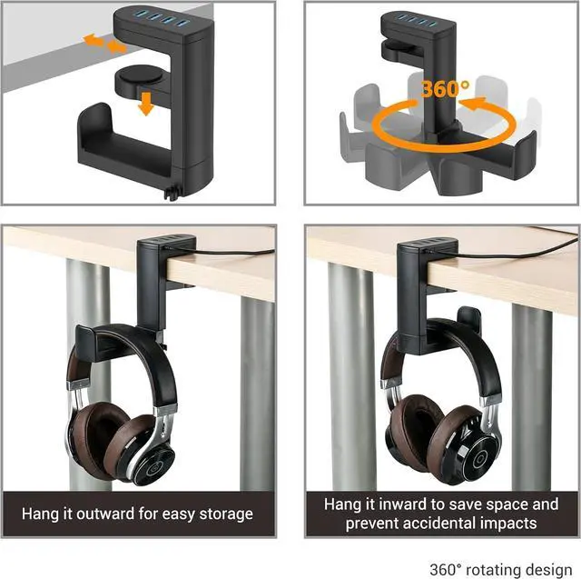 Alt view image 3 of 7 - KIWIFOTOS Headphone Stand with 4 USB Ports Hub PC Gaming Headset Holder Hanger 360 Degree Rotation Clamp Under Desk Headphone Hook Mount with Cable Clip Organizer