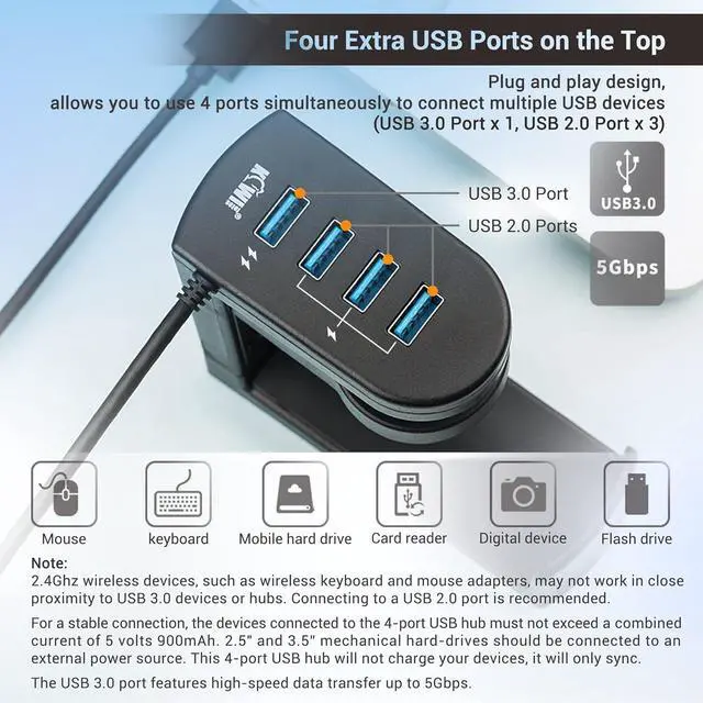 Alt view image 4 of 7 - KIWIFOTOS Headphone Stand with 4 USB Ports Hub PC Gaming Headset Holder Hanger 360 Degree Rotation Clamp Under Desk Headphone Hook Mount with Cable Clip Organizer