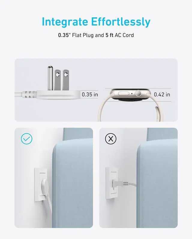 Alt view image 7 of 7 - Surge Protector Flat Plug Power Strip 2000J 5ft Thin Extension Cord 8 Outlets 2 USB A and 1 USB C Port 20W for iPhone15 Wall Mount Compact for Home Office Room TUV Listed