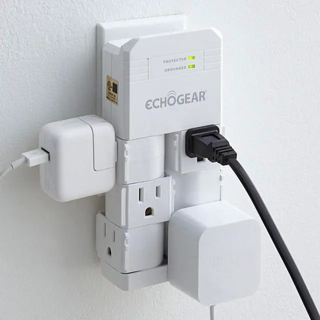 Main image of ECHOGEAR On-Wall Surge Protector with 6 Pivoting AC Outlets & 1080 Joules of Surge Protection - Low Profile Design Installs Over Existing Outlets to Protect Your Gear (White)