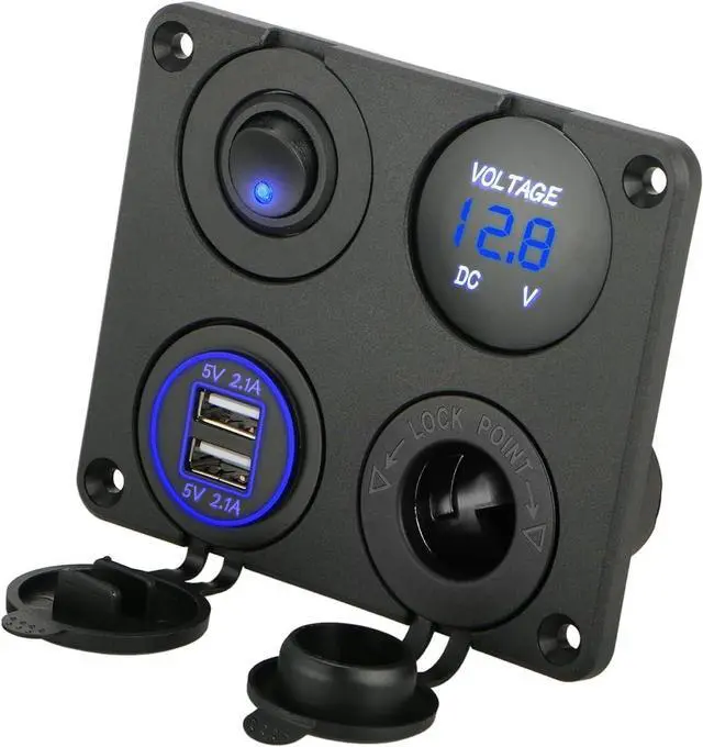 Main image of Linkstyle 4 in 1 Charger Socket Panel, 12V Dual USB A Charger Port, Cigarette Lighter Socket, LED Voltmeter & ON Off Rocker Toggle Switch Car Marine Boat RV Truck