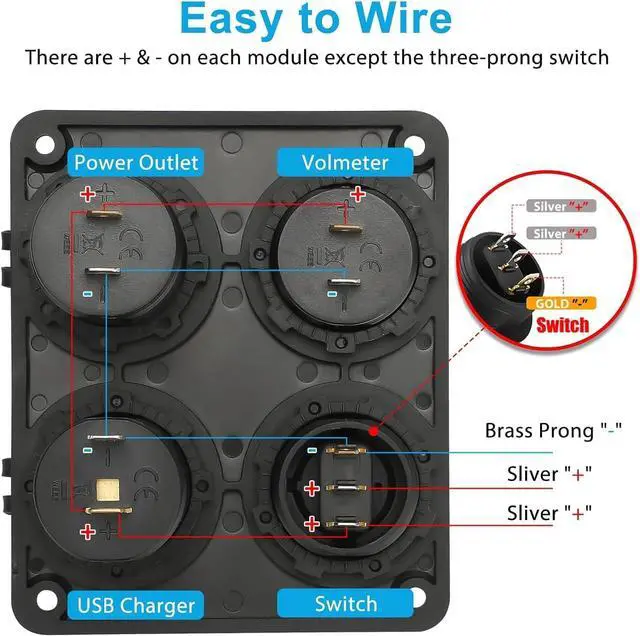 Alt view image 4 of 7 - Linkstyle 4 in 1 Charger Socket Panel, 12V Dual USB A Charger Port, Cigarette Lighter Socket, LED Voltmeter & ON Off Rocker Toggle Switch Car Marine Boat RV Truck