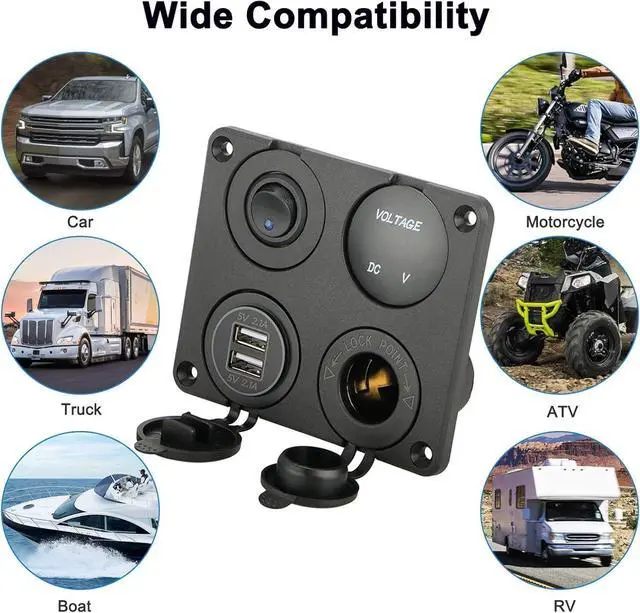 Alt view image 6 of 7 - Linkstyle 4 in 1 Charger Socket Panel, 12V Dual USB A Charger Port, Cigarette Lighter Socket, LED Voltmeter & ON Off Rocker Toggle Switch Car Marine Boat RV Truck