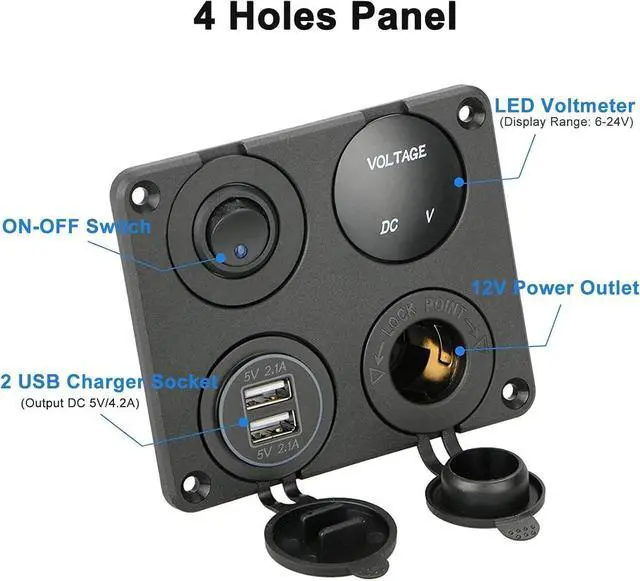 Alt view image 2 of 7 - Linkstyle 4 in 1 Charger Socket Panel, 12V Dual USB A Charger Port, Cigarette Lighter Socket, LED Voltmeter & ON Off Rocker Toggle Switch Car Marine Boat RV Truck