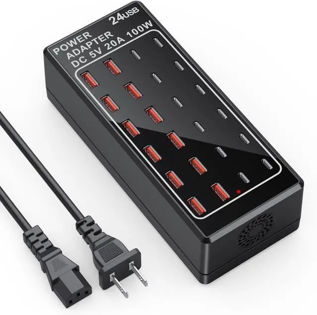 Main image of USB Charger, USB C Charger Block, 100W (20A) 24 Port Multiple USB Charger Station Desktop USB Wall Charger 12 USB A 12 USB C Compatible for Apple iPhone, iPad, Samsung Galaxy, Laptop, Pixel, Phones