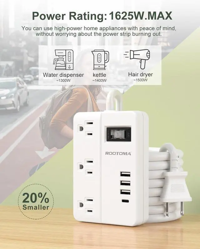Alt view image 2 of 7 - 2 Prong Power Strip with USB-C, ROOTOMA 2 Prong to 3 Prong Outlet Adapter, 1080J 2 Prong Surge Protected with 3 Outlet & 4 USB, 3 Prong Adapter 4ft, for Polarized Two Prong Outlet, Old House, White
