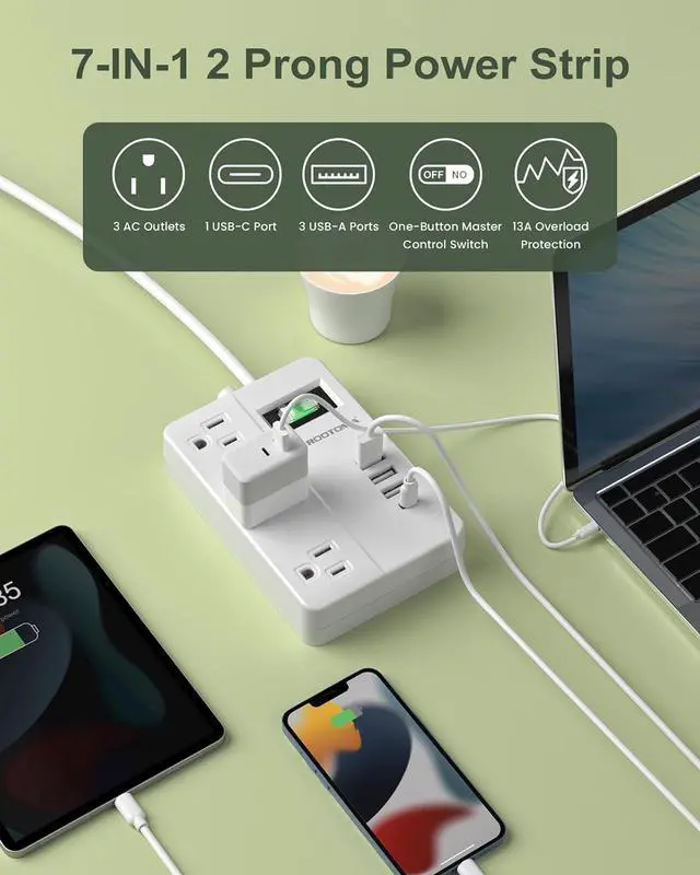 Alt view image 3 of 7 - 2 Prong Power Strip with USB-C, ROOTOMA 2 Prong to 3 Prong Outlet Adapter, 1080J 2 Prong Surge Protected with 3 Outlet & 4 USB, 3 Prong Adapter 4ft, for Polarized Two Prong Outlet, Old House, White