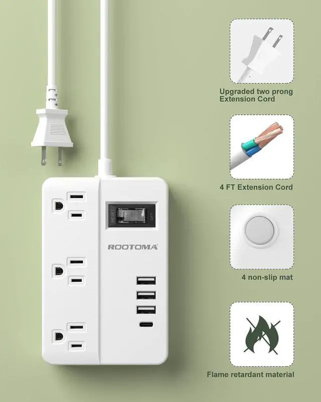 Alt view image 4 of 7 - 2 Prong Power Strip with USB-C, ROOTOMA 2 Prong to 3 Prong Outlet Adapter, 1080J 2 Prong Surge Protected with 3 Outlet & 4 USB, 3 Prong Adapter 4ft, for Polarized Two Prong Outlet, Old House, White