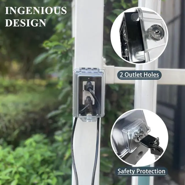 Alt view image 6 of 7 - Universal Weatherproof Electrical Outlet Cover with Lock, Baby Proof Outlet Lock Box, Fits Most 2.6 "H x 2.56 "W or Smaller Plugs, Clear Outlet Waterproof Cover Box Fit for Outdoor In-Use