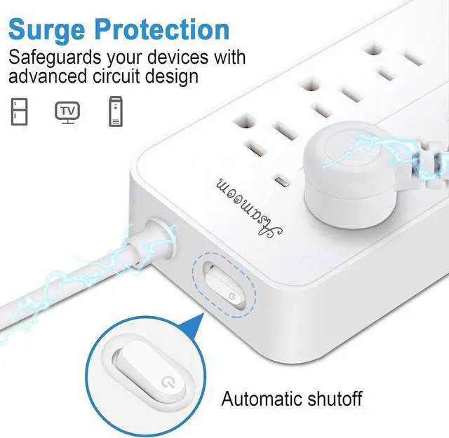 Alt view image 2 of 7 - 15FT Surge Protector Power Strip Extension Cord with Usb C, Asamoom Flat Plug Power Strip With Long Cord,8 Outlets and 3 USB & 1 USB-C Port,1700J Wall Mount Desk Multiple Outlets for Home Office White