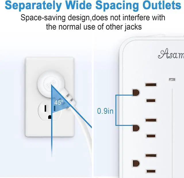Alt view image 3 of 7 - 15FT Surge Protector Power Strip Extension Cord with Usb C, Asamoom Flat Plug Power Strip With Long Cord,8 Outlets and 3 USB & 1 USB-C Port,1700J Wall Mount Desk Multiple Outlets for Home Office White