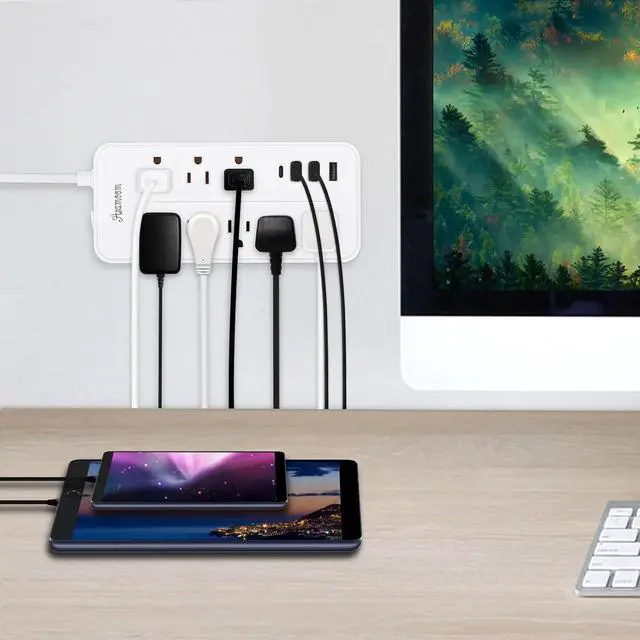 Alt view image 4 of 7 - 15FT Surge Protector Power Strip Extension Cord with Usb C, Asamoom Flat Plug Power Strip With Long Cord,8 Outlets and 3 USB & 1 USB-C Port,1700J Wall Mount Desk Multiple Outlets for Home Office White