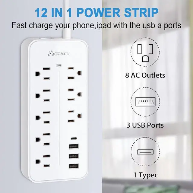 Alt view image 6 of 7 - 15FT Surge Protector Power Strip Extension Cord with Usb C, Asamoom Flat Plug Power Strip With Long Cord,8 Outlets and 3 USB & 1 USB-C Port,1700J Wall Mount Desk Multiple Outlets for Home Office White