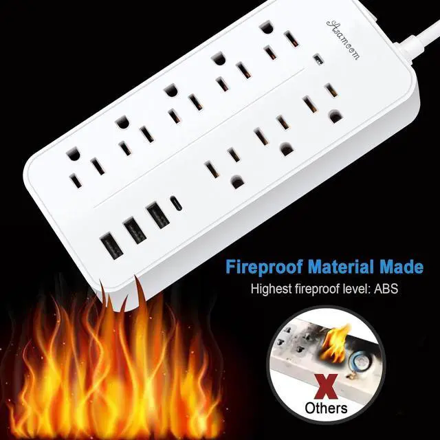 Alt view image 7 of 7 - 15FT Surge Protector Power Strip Extension Cord with Usb C, Asamoom Flat Plug Power Strip With Long Cord,8 Outlets and 3 USB & 1 USB-C Port,1700J Wall Mount Desk Multiple Outlets for Home Office White