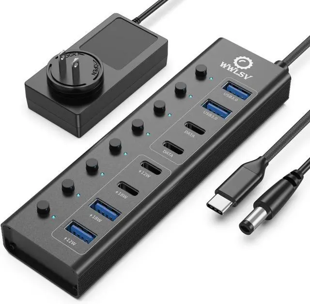 Main image of USB 3.0 Hub, 8 in 1 Powered USB Hub Adapter with 2 USB-A 3.0 Ports, 2 USB-C Data Ports, 4 Charging Ports, 65W Power Adapter, Individual On/Off Switches, USB Hub Splitter for Laptop/PC