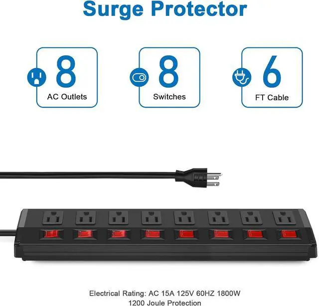 Alt view image 2 of 7 - Metal Power Strip Individual Switches 8 Outlets, Heavy Duty Power Strip Surge Protector for Appliances, 6 FT Extension Cord Strip, 1200J Surge Protector 15A 120V 1800W.