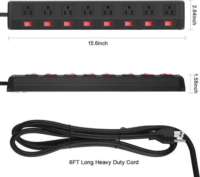 Alt view image 3 of 7 - Metal Power Strip Individual Switches 8 Outlets, Heavy Duty Power Strip Surge Protector for Appliances, 6 FT Extension Cord Strip, 1200J Surge Protector 15A 120V 1800W.