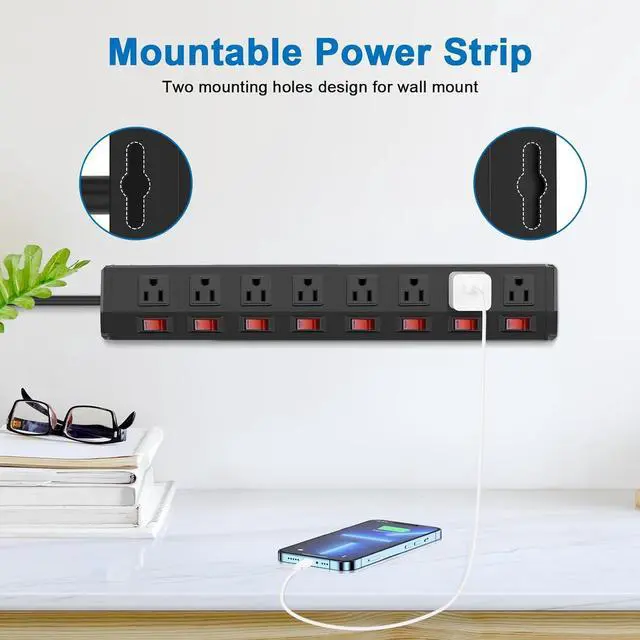 Alt view image 5 of 7 - Metal Power Strip Individual Switches 8 Outlets, Heavy Duty Power Strip Surge Protector for Appliances, 6 FT Extension Cord Strip, 1200J Surge Protector 15A 120V 1800W.