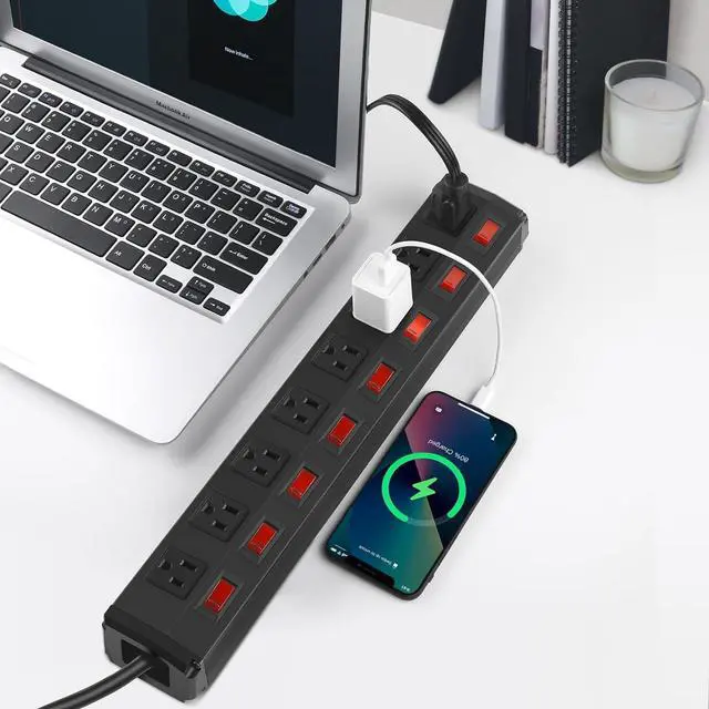 Alt view image 7 of 7 - Metal Power Strip Individual Switches 8 Outlets, Heavy Duty Power Strip Surge Protector for Appliances, 6 FT Extension Cord Strip, 1200J Surge Protector 15A 120V 1800W.
