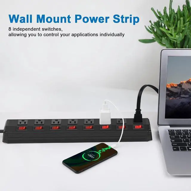 Alt view image 6 of 7 - Metal Power Strip Individual Switches 8 Outlets, Heavy Duty Power Strip Surge Protector for Appliances, 6 FT Extension Cord Strip, 1200J Surge Protector 15A 120V 1800W.