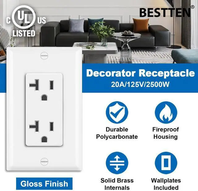 Alt view image 2 of 7 - BESTTEN 20 Pack 20 Amp Decorator Receptacle, Electrical Wall Outlet, Non-Tamper-Resistant, Residential & Commercial Use, 20A/125V/2500W, UL Listed, White