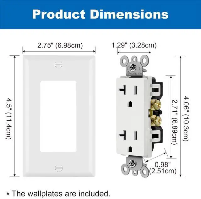 Alt view image 7 of 7 - BESTTEN 20 Pack 20 Amp Decorator Receptacle, Electrical Wall Outlet, Non-Tamper-Resistant, Residential & Commercial Use, 20A/125V/2500W, UL Listed, White
