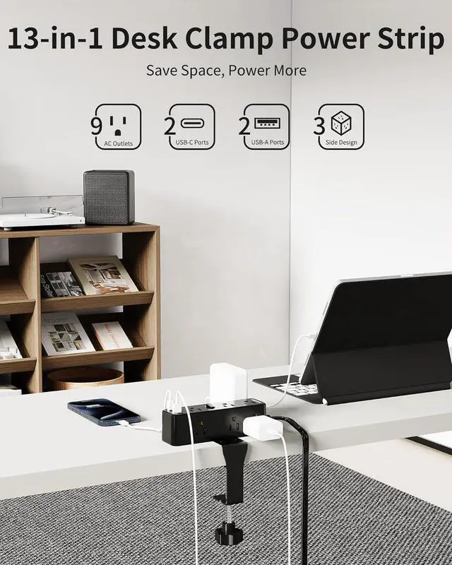Alt view image 2 of 7 - Desk Clamp Power Strip, Desktop Edge Mount Charging Station with 9 AC Outlets 4 USB (2 USB C), Fit 2.75" Tabletop, Under Desk Surge Protector 1700J, 10 Ft Extension Cord for Home Office, Black