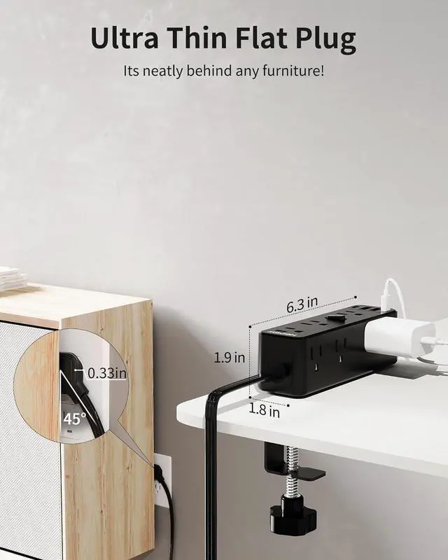 Alt view image 4 of 7 - Desk Clamp Power Strip, Desktop Edge Mount Charging Station with 9 AC Outlets 4 USB (2 USB C), Fit 2.75" Tabletop, Under Desk Surge Protector 1700J, 10 Ft Extension Cord for Home Office, Black