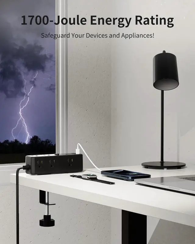 Alt view image 6 of 7 - Desk Clamp Power Strip, Desktop Edge Mount Charging Station with 9 AC Outlets 4 USB (2 USB C), Fit 2.75" Tabletop, Under Desk Surge Protector 1700J, 10 Ft Extension Cord for Home Office, Black