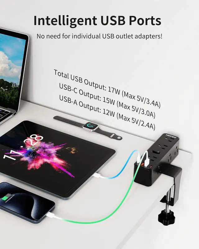 Alt view image 5 of 7 - Desk Clamp Power Strip, Desktop Edge Mount Charging Station with 9 AC Outlets 4 USB (2 USB C), Fit 2.75" Tabletop, Under Desk Surge Protector 1700J, 10 Ft Extension Cord for Home Office, Black