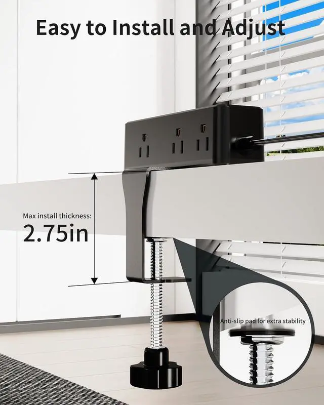 Alt view image 3 of 7 - Desk Clamp Power Strip, Desktop Edge Mount Charging Station with 9 AC Outlets 4 USB (2 USB C), Fit 2.75" Tabletop, Under Desk Surge Protector 1700J, 10 Ft Extension Cord for Home Office, Black