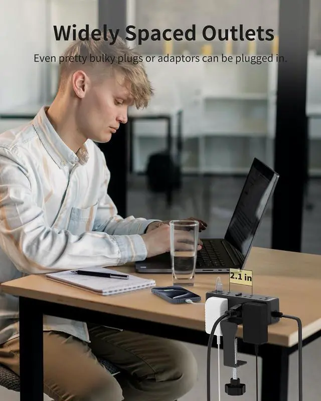 Alt view image 7 of 7 - Desk Clamp Power Strip, Desktop Edge Mount Charging Station with 9 AC Outlets 4 USB (2 USB C), Fit 2.75" Tabletop, Under Desk Surge Protector 1700J, 10 Ft Extension Cord for Home Office, Black