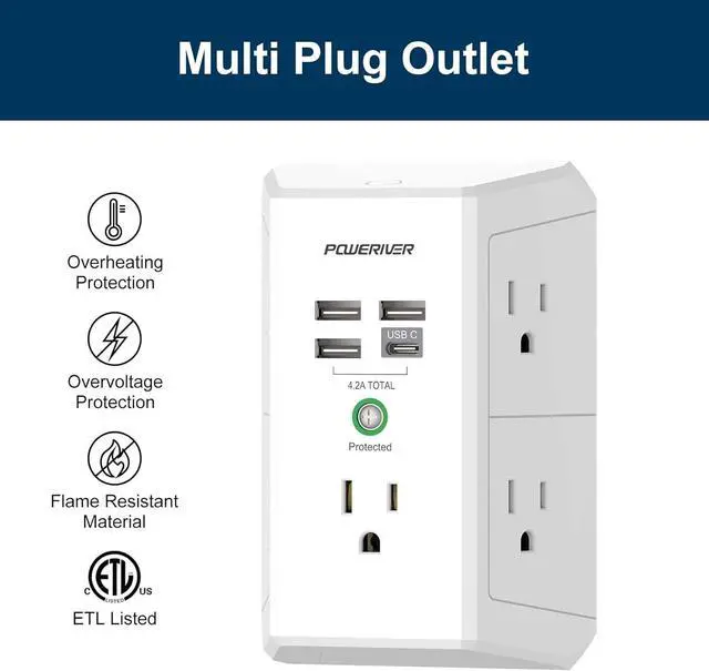 Alt view image 3 of 7 - Surge Protector with 4 USB Ports - Multi Outlet Extender for Home, School and Office - ETL Listed, White