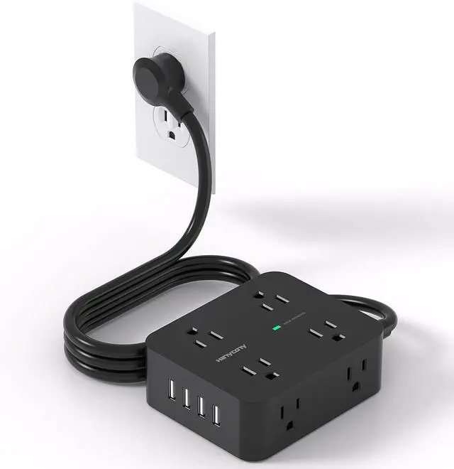 Main image of HANYCONY Power Strip Surge Protector, 5 Ft Exetnsion Cord with Multiple Outlets, Outlet Extender with 4 USB Ports, Flat Plug, Wall Mount for Home Office Dorm Room Essentials, ETI Listed, Black