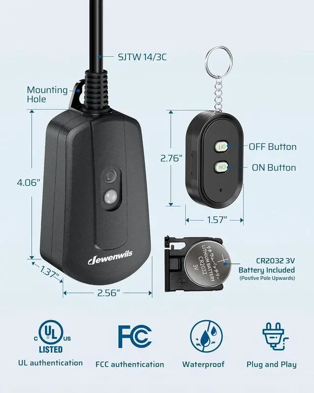 Alt view image 4 of 5 - DEWENWILS Outdoor Wireless Remote Control Outlet, 15 amp Heavy Duty Weatherproof Remote Controlled Light Switch for Lights String Lights, 100 Feet Range, UL Listed