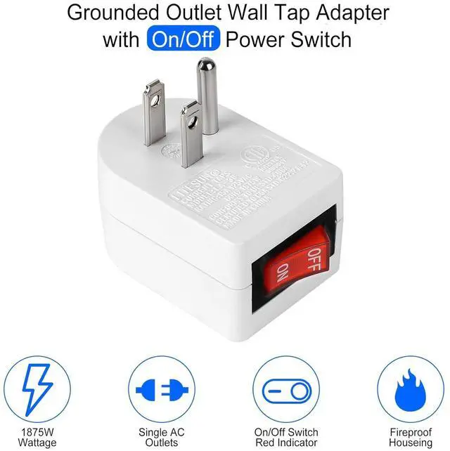 Alt view image 2 of 7 - VSEER Grounded Outlet with ON Off Switch (4 Pack), Single Power Adapter Outlet 15A 1875W/3 Prong Plug in White, ETL Listed