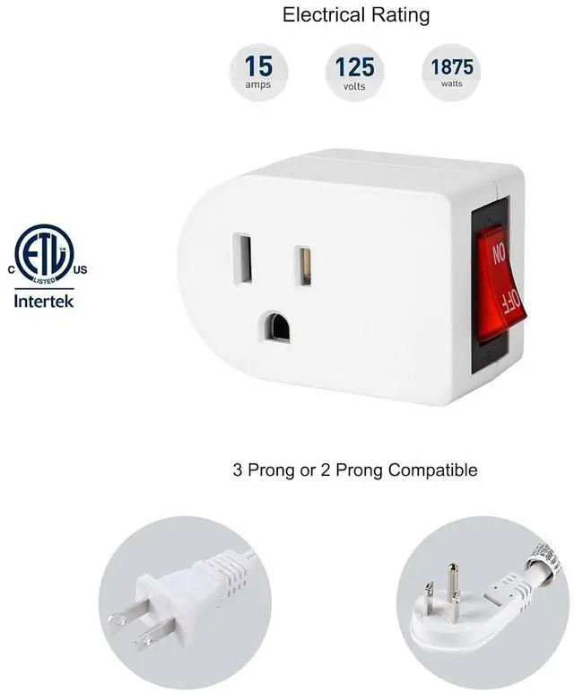 Alt view image 5 of 7 - VSEER Grounded Outlet with ON Off Switch (4 Pack), Single Power Adapter Outlet 15A 1875W/3 Prong Plug in White, ETL Listed