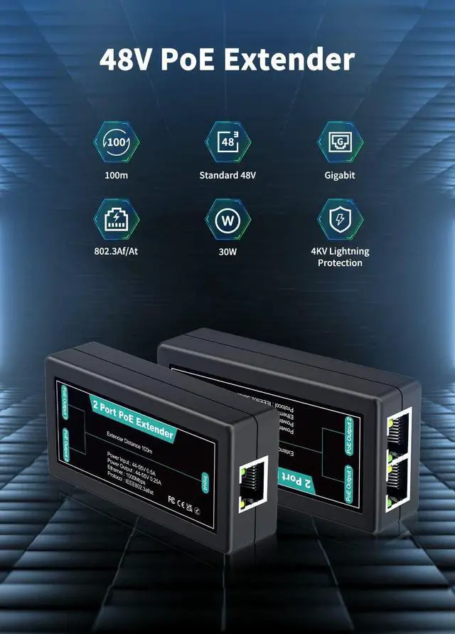 Alt view image 2 of 7 - 1 in 2 Out Gigabit PoE Extender, NICGIGA 2 Port PoE Repeater 100 Meters(328 ft),IEEE 802.3af/at Power Over Ethernet PoE Splitter to 2 PoE Devices Like IP Cameras, IP Phone, Wireless AP