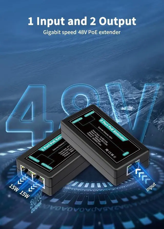 Alt view image 3 of 7 - 1 in 2 Out Gigabit PoE Extender, NICGIGA 2 Port PoE Repeater 100 Meters(328 ft),IEEE 802.3af/at Power Over Ethernet PoE Splitter to 2 PoE Devices Like IP Cameras, IP Phone, Wireless AP