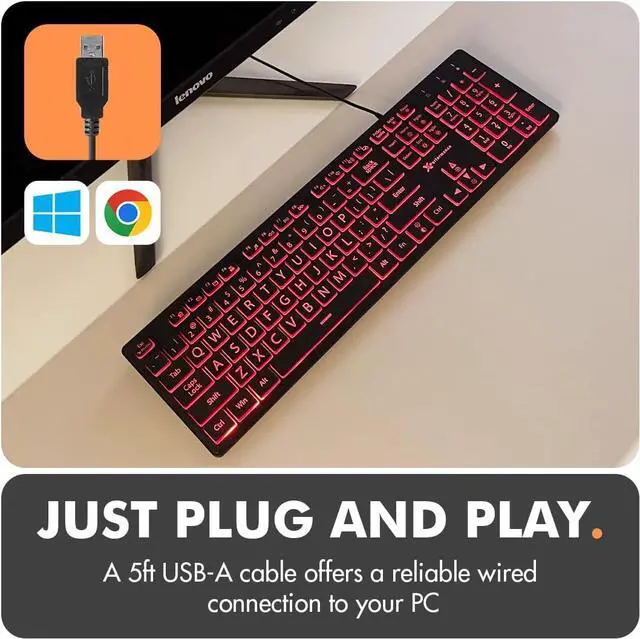Alt view image 3 of 7 - Large Print Backlit Keyboard Wired  Easy-to-See Light Up Keys for Seniors, Elderly, and Kids  USB Illuminated Keyboard with 7 Backlight Colors, Oversized Letters for Effortless Typing