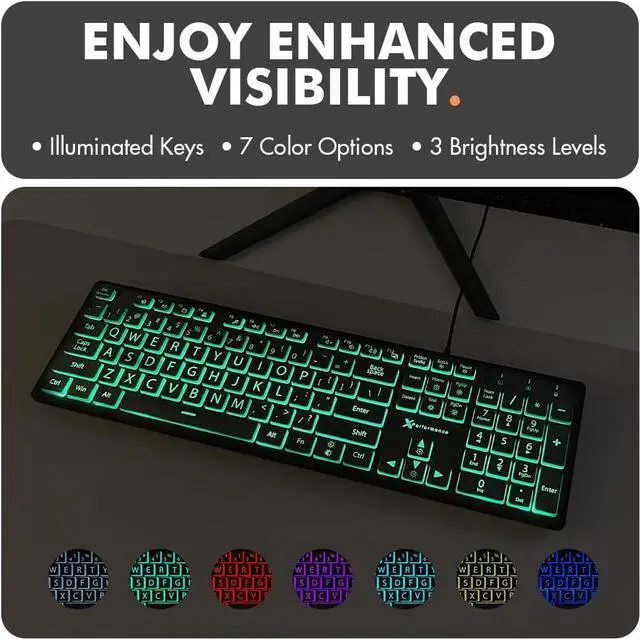 Alt view image 4 of 7 - Large Print Backlit Keyboard Wired  Easy-to-See Light Up Keys for Seniors, Elderly, and Kids  USB Illuminated Keyboard with 7 Backlight Colors, Oversized Letters for Effortless Typing