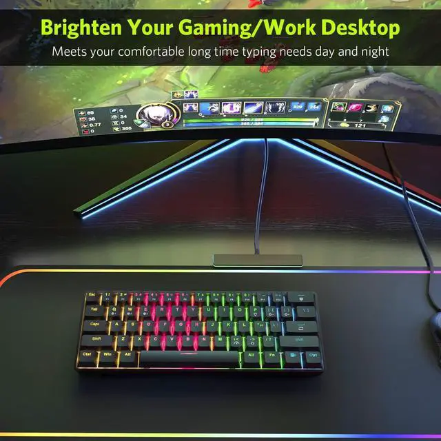 Alt view image 3 of 7 - 61 Keys RGB Wireless and Wired Mechanical Gaming Keyboard with Blue Switches, Audible Click Sound Rainbow Portable Compact Mini Office Keyboard for Windows PC Gaming, (F-SG61)