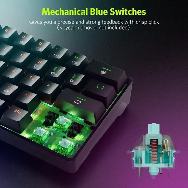 Alt view image 4 of 7 - 61 Keys RGB Wireless and Wired Mechanical Gaming Keyboard with Blue Switches, Audible Click Sound Rainbow Portable Compact Mini Office Keyboard for Windows PC Gaming, (F-SG61)