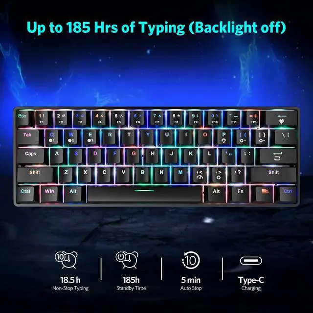 Alt view image 6 of 7 - 61 Keys RGB Wireless and Wired Mechanical Gaming Keyboard with Blue Switches, Audible Click Sound Rainbow Portable Compact Mini Office Keyboard for Windows PC Gaming, (F-SG61)